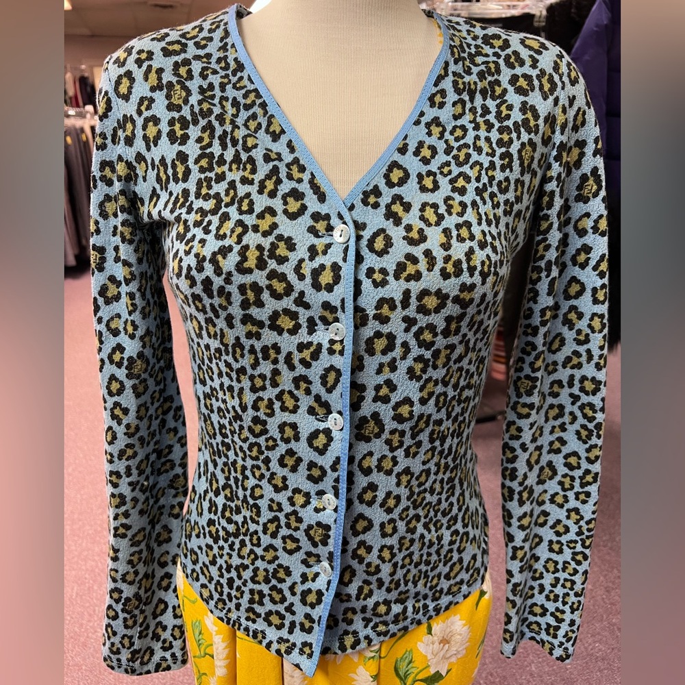 Fendi Leopard Print Cardigan with Light Blue Trim